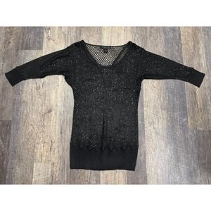 Venue Black Sequin Knit‎ Top V-Neck Fishnet Back 3/4 Sleeve Small